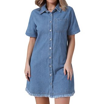Women's Denim Dress Button Front Frayed Hem Collared Short Sleeve Jean Shirt Dresses
