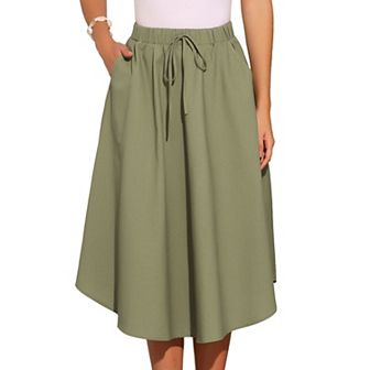 Cotton Linen Casual Skirt for Women's High Elastic Waist A-Line Midi Skirts with Pockets