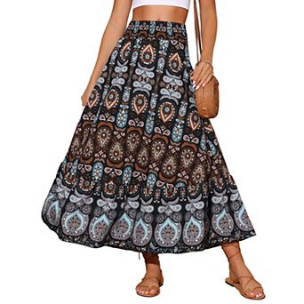 Women's Floral Skirts High Waist A Line Boho Maxi Skirt Ruffle Long Summer Skirt