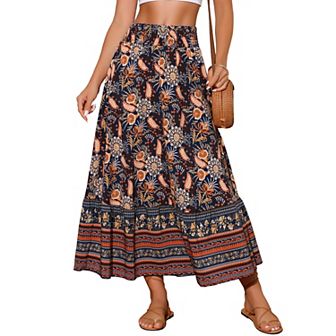Women's Floral Skirts High Waist A Line Boho Maxi Skirt Ruffle Long Summer Skirt