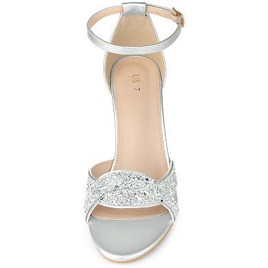 Women's Glitter Ankle Strap High Chunky Heel Sandals