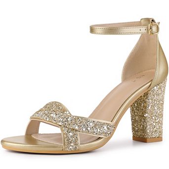 Women's Glitter Ankle Strap High Chunky Heel Sandals