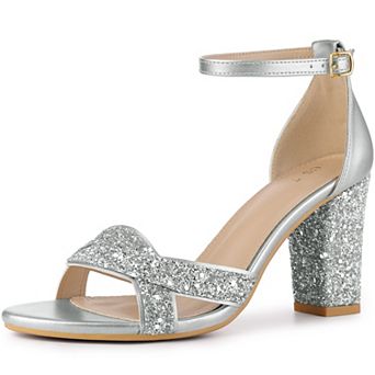 Women's Glitter Ankle Strap High Chunky Heel Sandals