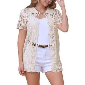 Women's Swimsuit Cover Up Button Down Summer Short Sleeve Crochet Coverups