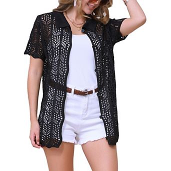 Women's Swimsuit Cover Up Button Down Summer Short Sleeve Crochet Coverups