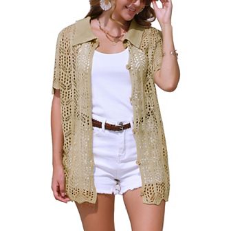 Women's Swimsuit Cover Up Button Down Summer Short Sleeve Crochet Coverups