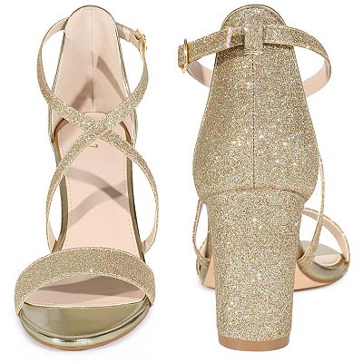 Glitter Sparkly Heels Crisscross Strap Chunky Heel Dress Shoes Sandals for  Women