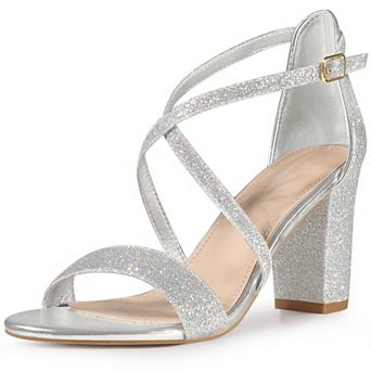 Glitter Sparkly Heels Crisscross Strap Chunky Heel Dress Shoes Sandals for Women