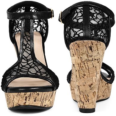 Lace T Strap Platform Wedges Sandals for Women