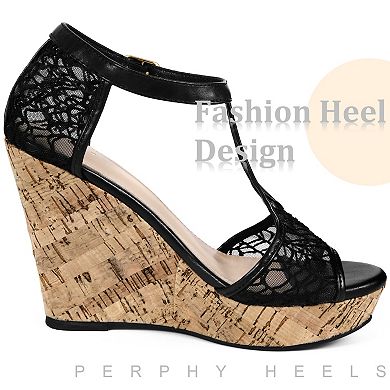 Lace T Strap Platform Wedges Sandals for Women