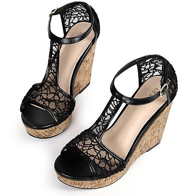 Lace T Strap Platform Wedges Sandals for Women