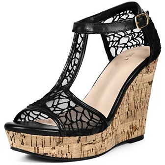 Lace T Strap Platform Wedges Sandals for Women