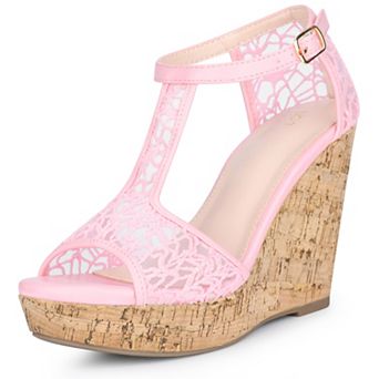 Lace T Strap Platform Wedges Sandals for Women