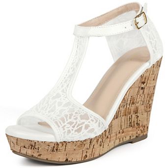 Lace T Strap Platform Wedges Sandals for Women