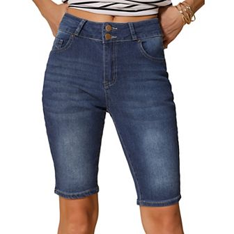 Women's Roll Cuff Button Down Denim Pants with Pockets Causal Short Jean