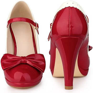 Bow Platform Stiletto Heels Mary Janes Shoes for Women Retro 1950s Shoes