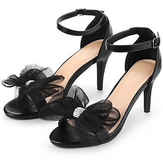 Stiletto Heels with Bows Ankle Strap Rhinestone Bow Sandals for Women Dress Wedding Shoes