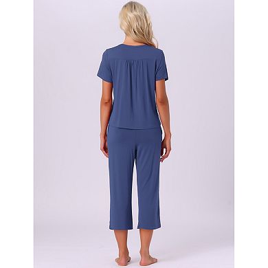 Women's Lounge Set Short Sleeve Long Pants V Neck Capri Pants Pajama Set Button Down Pj Sets