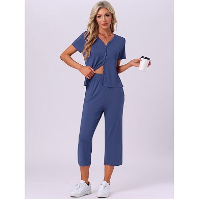 Women's Lounge Set Short Sleeve Long Pants V Neck Capri Pants Pajama Set Button Down Pj Sets
