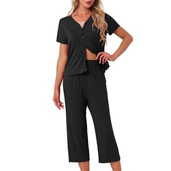 Women's Lounge Set Short Sleeve Long Pants V Neck Capri Pants Pajama Set Button Down Pj Sets