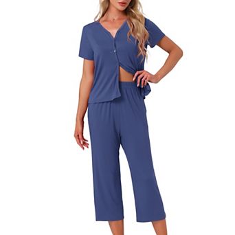 Women's Lounge Set Short Sleeve Long Pants V Neck Capri Pants Pajama Set Button Down Pj Sets