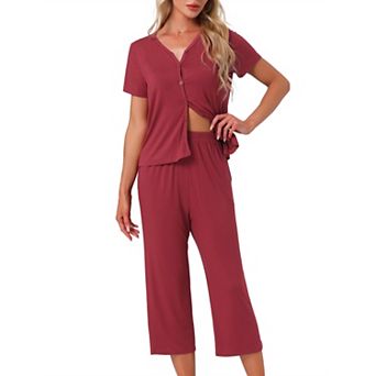 Women's Lounge Set Short Sleeve Long Pants V Neck Capri Pants Pajama Set Button Down Pj Sets