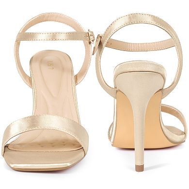 Satin Heels Squared Toe Ankle Strap Stiletto Heel Sandals for Women