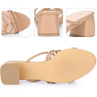 Strappy Knotted Block Heel Black Heels Slides Sandals for Women