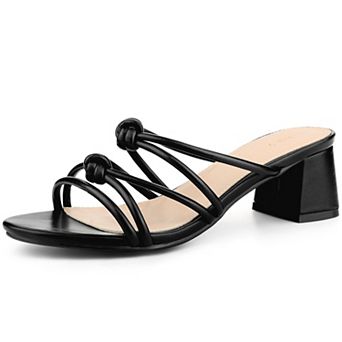Strappy Knotted Block Heel Black Heels Slides Sandals for Women