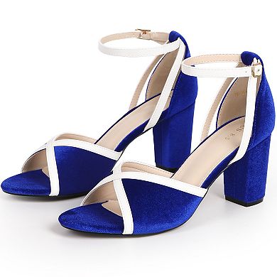 Open Toe Ankle Strap Chunky Heel Velvet Sandals for Women