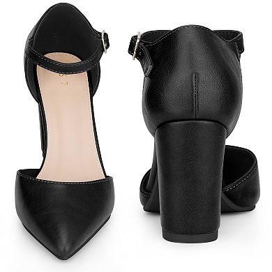 Pointed Toe Ankle Strap Dress Pumps Shoes Chunky Heel Pumps for Women