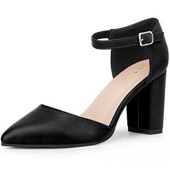 Pointed Toe Ankle Strap Dress Pumps Shoes Chunky Heel Pumps for Women