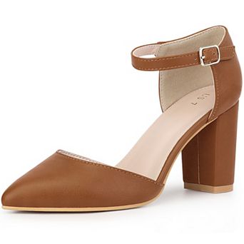Pointed Toe Ankle Strap Dress Pumps Shoes Chunky Heel Pumps for Women