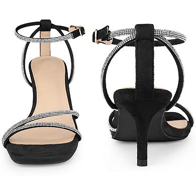 Squared Toe Ankle Strap Rhinestone Kitten Heels Sandals for Women
