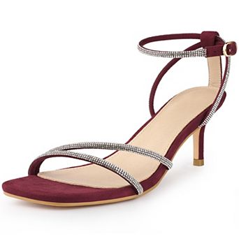Squared Toe Ankle Strap Rhinestone Kitten Heels Sandals for Women