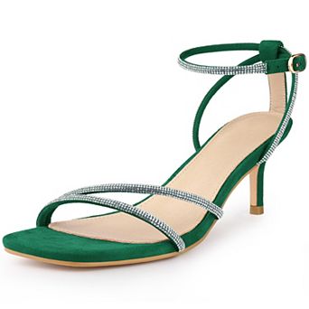 Squared Toe Ankle Strap Rhinestone Kitten Heels Sandals for Women