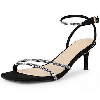 Squared Toe Ankle Strap Rhinestone Kitten Heels Sandals for Women