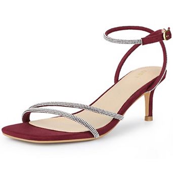 Squared Toe Ankle Strap Rhinestone Kitten Heels Sandals for Women