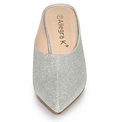 Women's Glitter Pointed Toe Slip on Chunky Heels Slides Mules