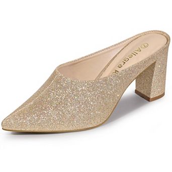 Women's Glitter Pointed Toe Slip on Chunky Heels Slides Mules
