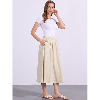 Women's Casual Skirt Elastic Waist A Line Midi Skirts Swing Flared Skirt with Pockets