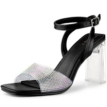 Women's Clear Heels Square Toe Rhinestone Heel Sandals