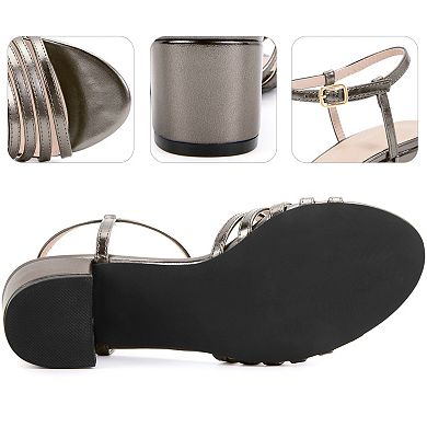 Strappy Open Toe Ankle Strap Chunky Heel Metallic Sandals for Women