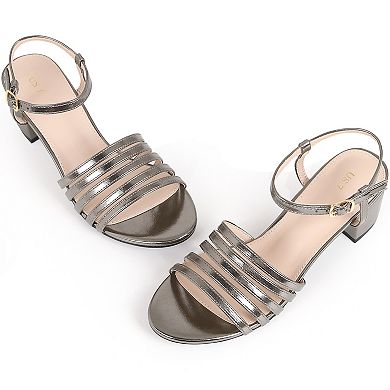 Strappy Open Toe Ankle Strap Chunky Heel Metallic Sandals for Women