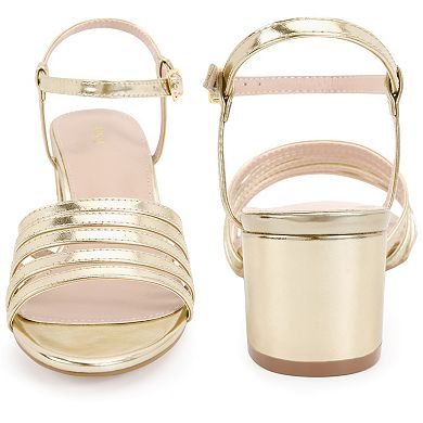 Strappy Open Toe Ankle Strap Chunky Heel Metallic Sandals for Women