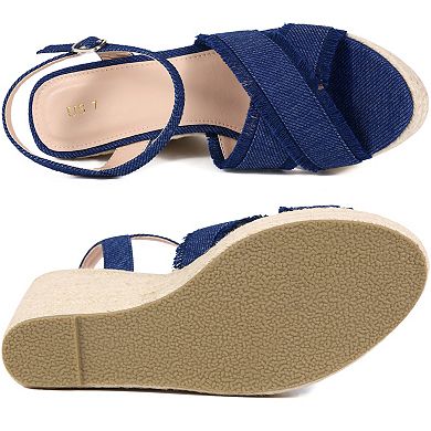 Women's Denim Crisscross Strap Wedge Shoes Platform Espadrilles Wedge Heel Sandals