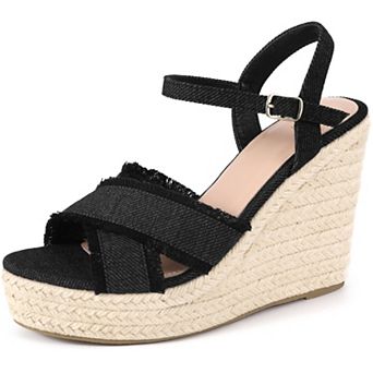Women's Denim Crisscross Strap Wedge Shoes Platform Espadrilles Wedge Heel Sandals