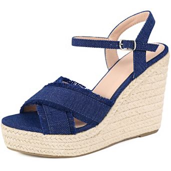 Women's Denim Crisscross Strap Wedge Shoes Platform Espadrilles Wedge Heel Sandals