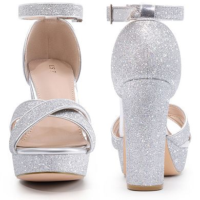 Glitter Platform Heel Crisscross Strap Chunky Heels Sandals for Women