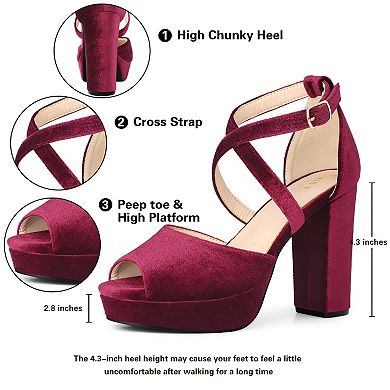 Peep Toe Pumps Velvet Crisscross Strap Block Heel Platform Sandals for Women